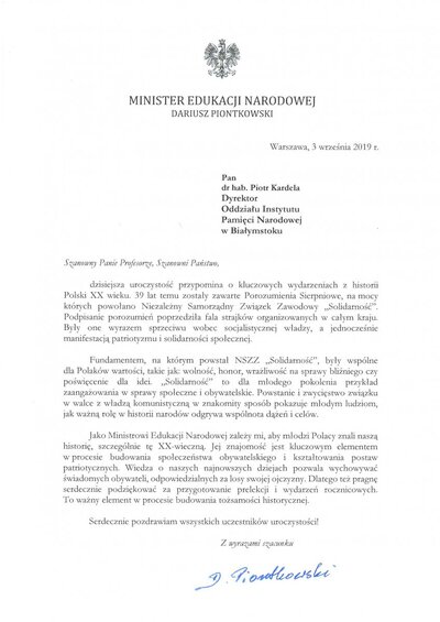 List ministra edukacji narodowej Dariusza Piontkowskiego