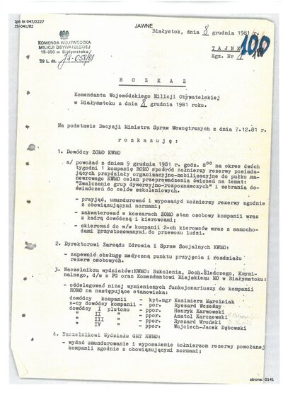 Rozkaz Komendanta wojewódzkiego MO w Białymstoku z 8 grudnia 1981 r.