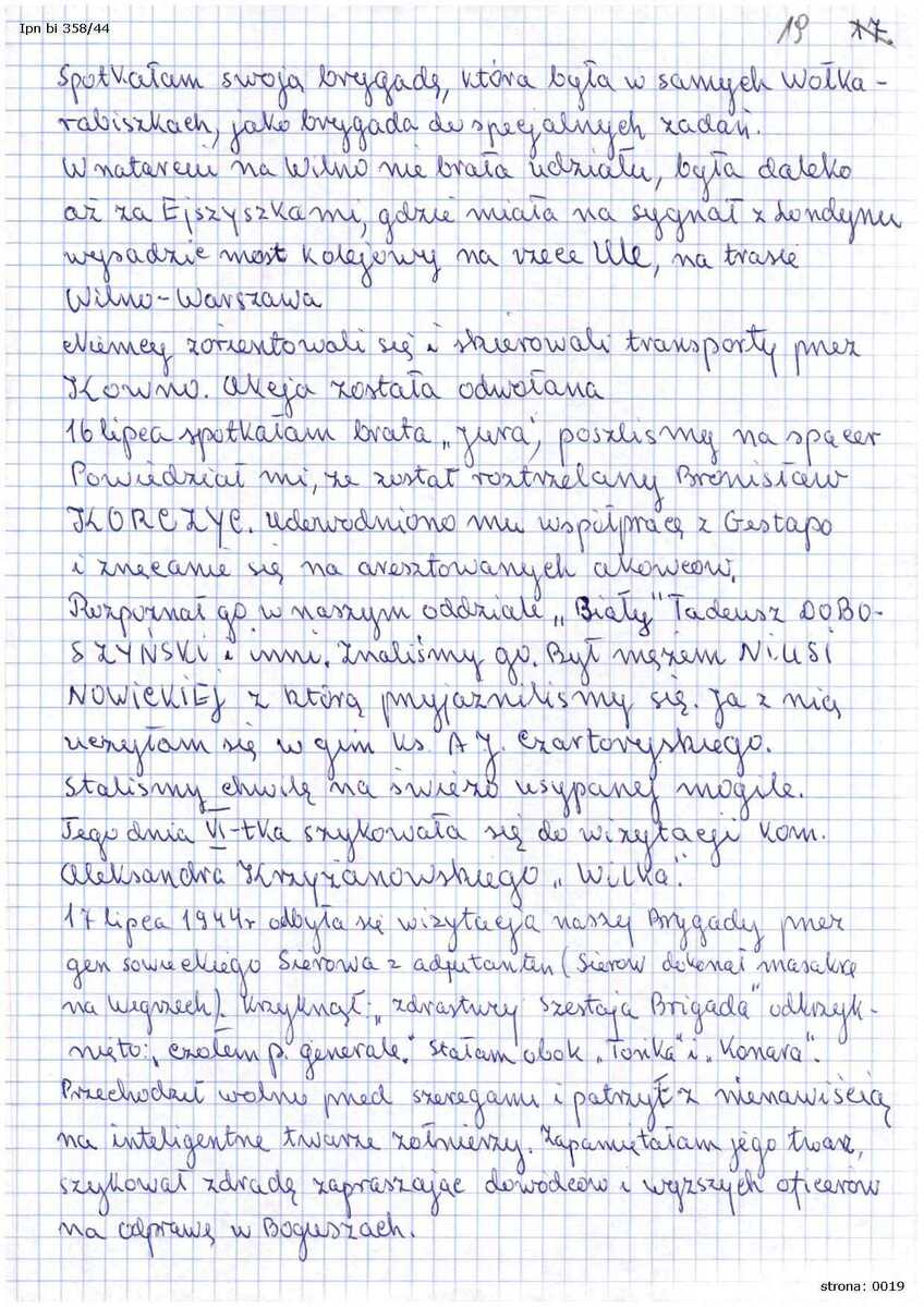Fragment wspomnień Ireny Tyman, zd. Baranowskiej ps. „Baśka”, łączniczki Sztabu Okręgu Wileńskiego AK. Rok spisania relacji: 2009 r. Źródło: Oddziałowe Archiwum IPN w Białystoku, Zbiór Ładysława Tomasza Piotrowskiego, sygn. IPN Bi 358/44, s.19