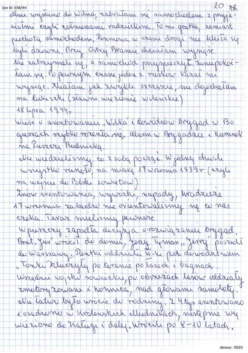 Fragment wspomnień Ireny Tyman, zd. Baranowskiej ps. „Baśka”, łączniczki Sztabu Okręgu Wileńskiego AK. Rok spisania relacji: 2009 r. Źródło: Oddziałowe Archiwum IPN w Białystoku, Zbiór Ładysława Tomasza Piotrowskiego, sygn. IPN Bi 358/44, s.20