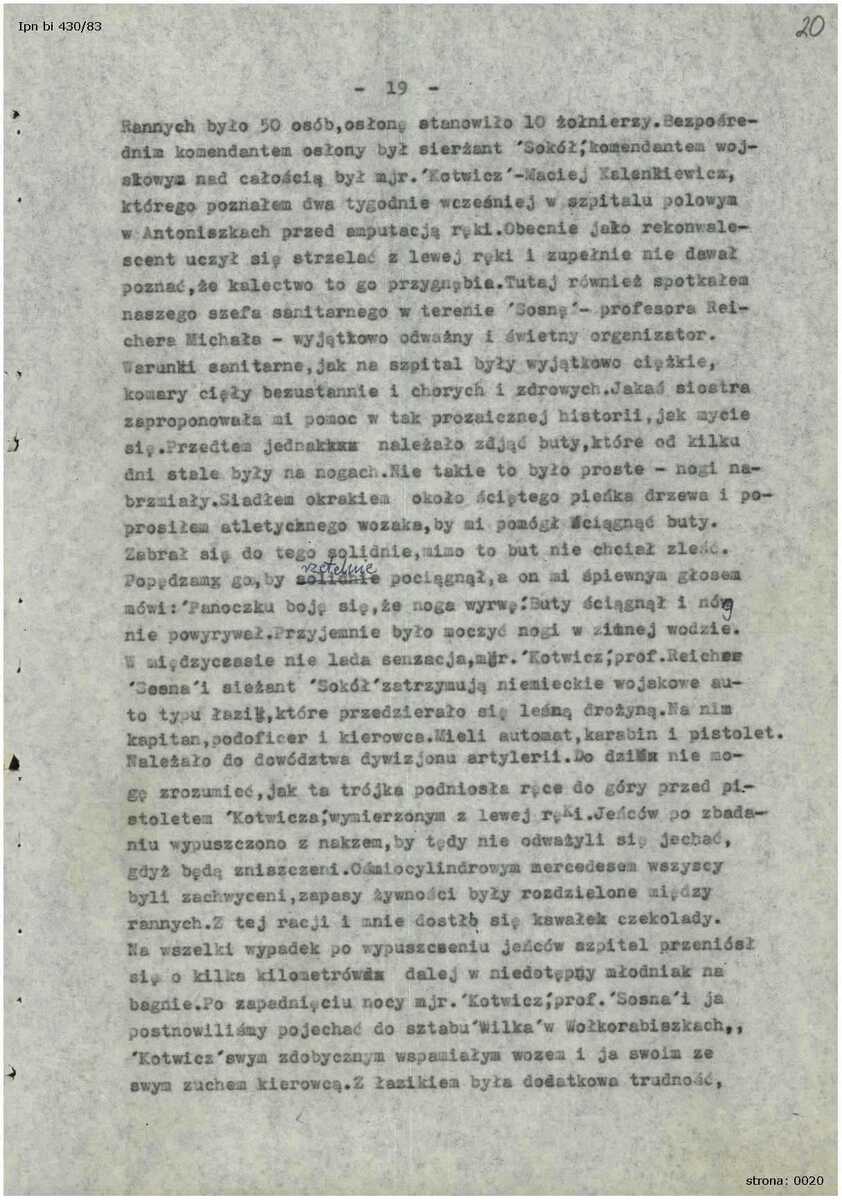 Fragment wspomnień Stanisława Kiałki, adiutanta dowódcy operacji „Ostra Brama” Aleksandra Krzyżanowskiego ps. „Wilk”. Rok spisania relacji: 1972 r.  Źródło: Oddziałowe Archiwum IPN w Białystoku, Zbiór Heleny Pasierbskiej, sygn. IPN Bi 430/83, s. 20