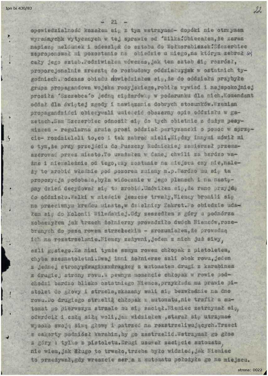 Fragment wspomnień Stanisława Kiałki, adiutanta dowódcy operacji „Ostra Brama” Aleksandra Krzyżanowskiego ps. „Wilk”. Rok spisania relacji: 1972 r.  Źródło: Oddziałowe Archiwum IPN w Białystoku, Zbiór Heleny Pasierbskiej, sygn. IPN Bi 430/83, s. 22
