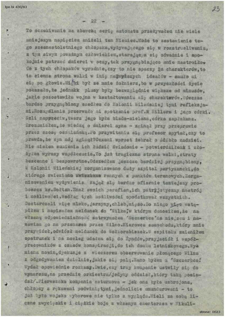 Fragment wspomnień Stanisława Kiałki, adiutanta dowódcy operacji „Ostra Brama” Aleksandra Krzyżanowskiego ps. „Wilk”. Rok spisania relacji: 1972 r.  Źródło: Oddziałowe Archiwum IPN w Białystoku, Zbiór Heleny Pasierbskiej, sygn. IPN Bi 430/83, s. 23