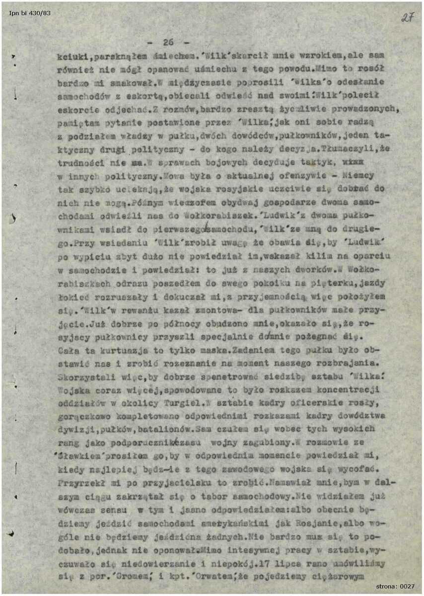 Fragment wspomnień Stanisława Kiałki, adiutanta dowódcy operacji „Ostra Brama” Aleksandra Krzyżanowskiego ps. „Wilk”. Rok spisania relacji: 1972 r.  Źródło: Oddziałowe Archiwum IPN w Białystoku, Zbiór Heleny Pasierbskiej, sygn. IPN Bi 430/83, s. 27