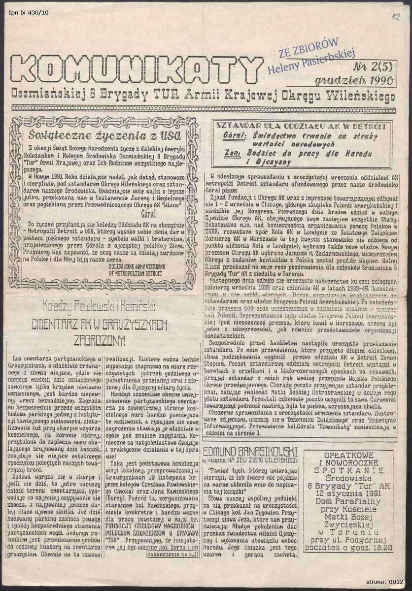 Komunikaty Oszmiańskiej 8 Brygady TUR Armii Krajowej Okręgu Wileńskiego, nr 2(5), grudzień 1990 r. Źródło: Oddziałowe Archiwum IPN w Białystoku, Zbiór Heleny Pasierbskiej, sygn. IPN Bi 430/10, s. 12.