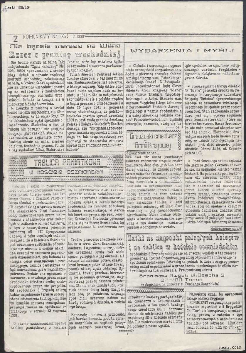 Komunikaty Oszmiańskiej 8 Brygady TUR Armii Krajowej Okręgu Wileńskiego, nr 2(5), grudzień 1990 r. Źródło: Oddziałowe Archiwum IPN w Białystoku, Zbiór Heleny Pasierbskiej, sygn. IPN Bi 430/10, s. 13