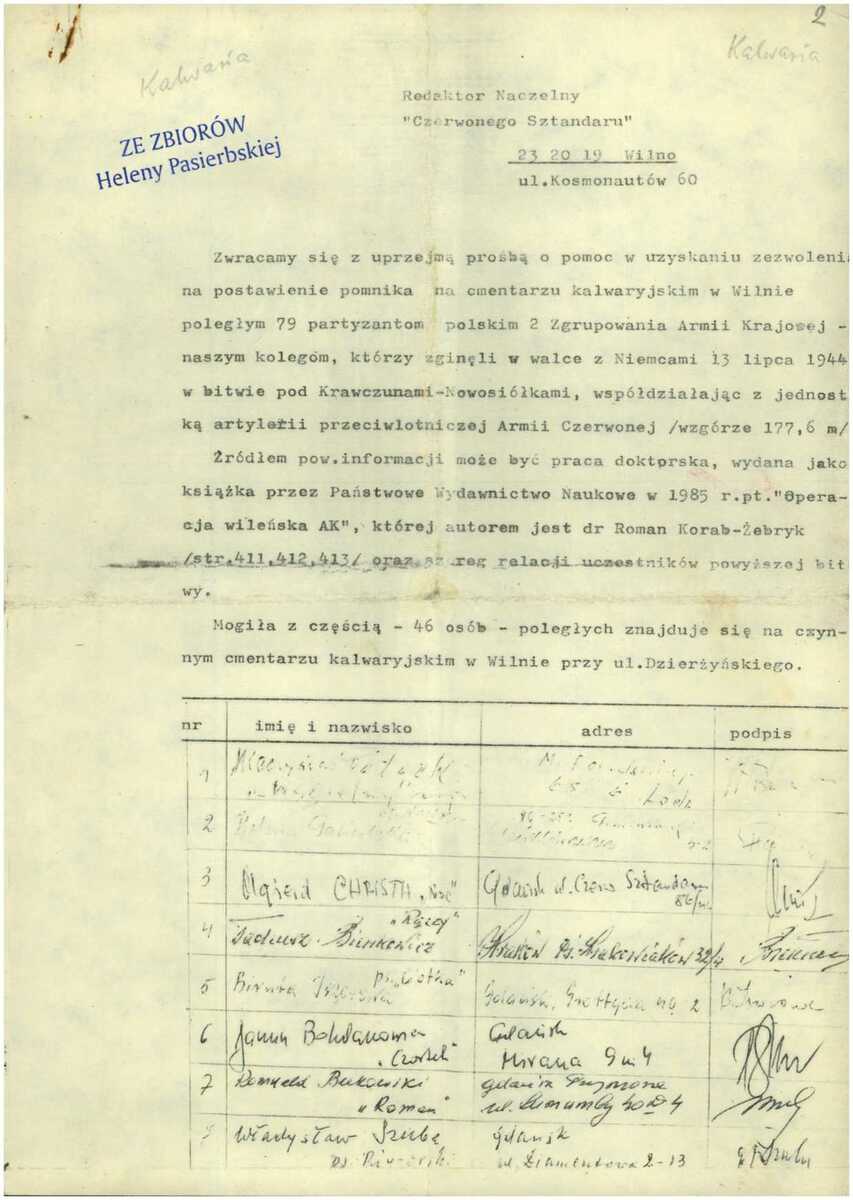 List środowiska żołnierzy wileńskiego AK do redaktora naczelnego „Czerwonego Sztandaru” z prośbą o pomoc w uzyskaniu zezwolenia od władz Wilna na postawienie pomnika poległym Polakom w trakcie bitwie pod Krawczunami i Nowosiółkami. List niedatowany prawdopodobnie napisany w latach 1985–1989. Źródło: Oddziałowe Archiwum IPN w Białystoku, Zbiór Heleny Pasierbskiej, sygn. IPN Bi 430/26, s. 2.