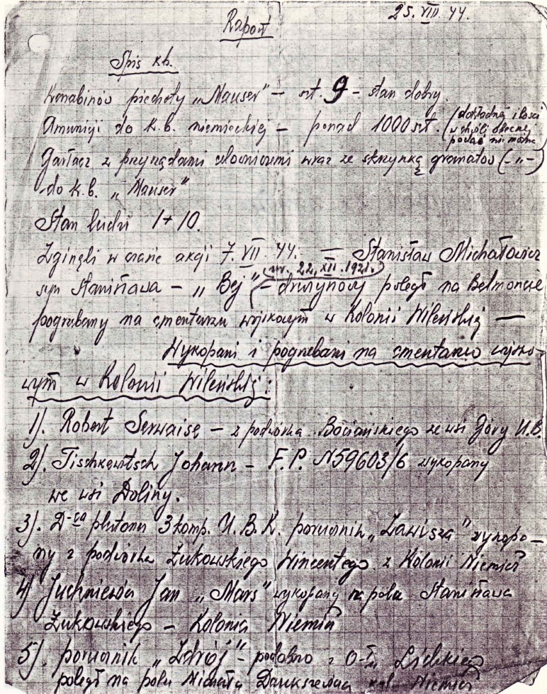 „Wykopani i pogrzebani na cmentarzu wojskowym w Kolonii”. Raport AK z 25 sierpnia 1944 r. (źródło: IPN)