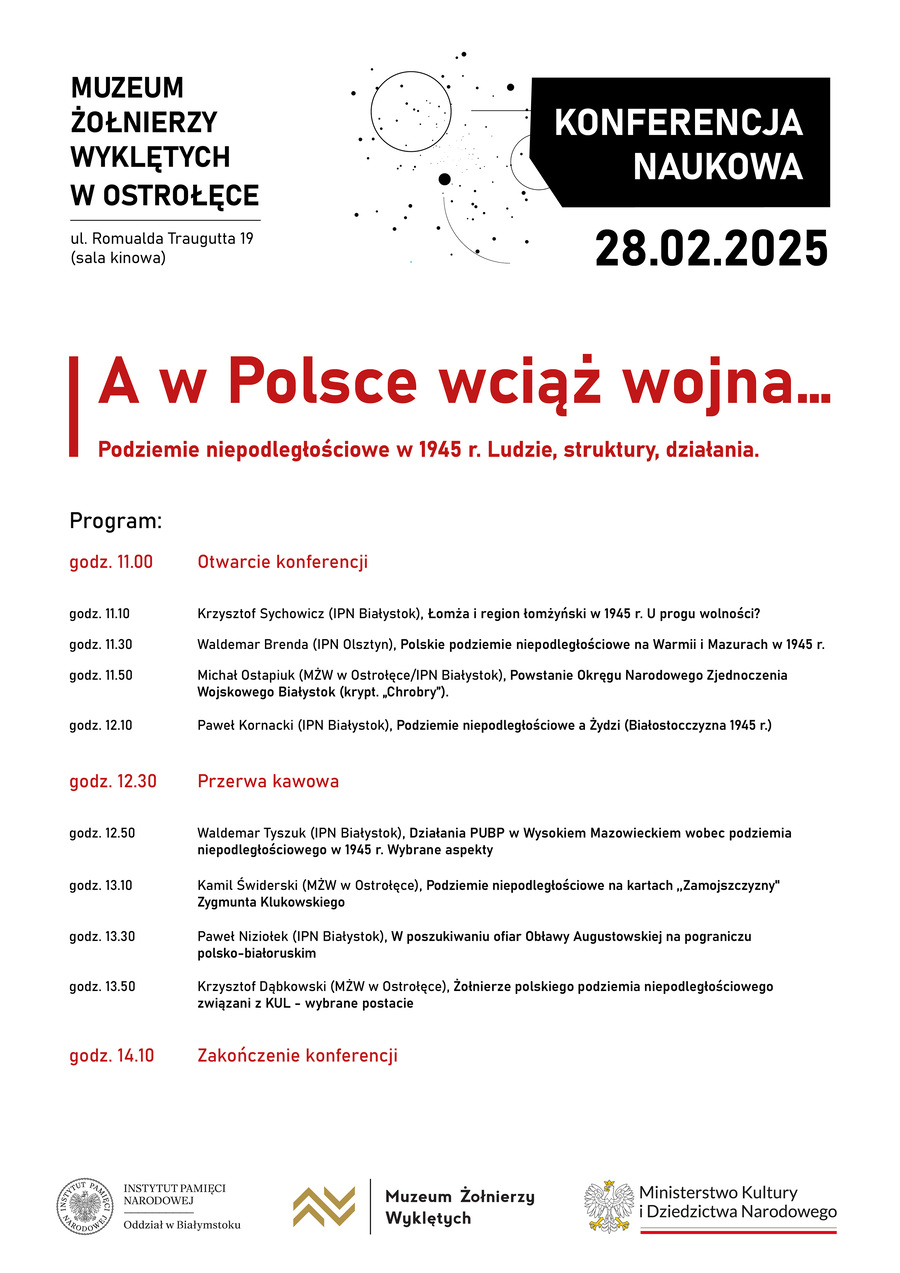 Konferencja naukowa „A w Polsce wciąż wojna… Podziemie niepodległościowe w 1945 r. Ludzie, struktury, działania” w Muzeum Żołnierzy Wyklętych w Ostrołęce – 28 lutego 2025