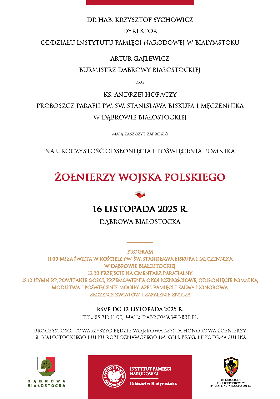 Uroczystość odsłonięcia i poświęcenia pomnika Żołnierzy Wojska Polskiego w Dąbrowie Białostockiej – 16 listopada 2025