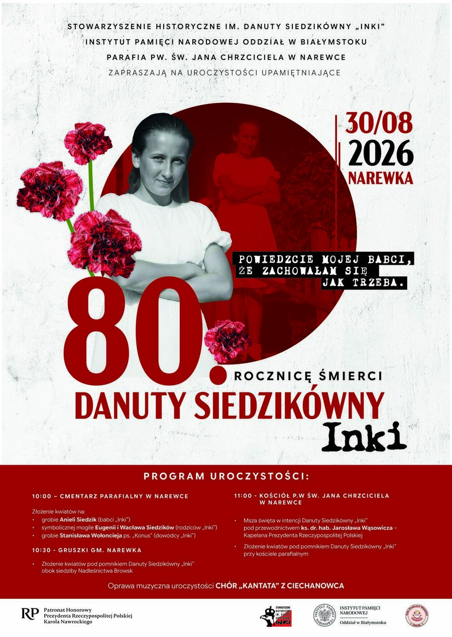 Uroczystości upamiętniające 80. rocznicę śmierci Danuty Siedzikówny „Inki” – 30 sierpnia 2026