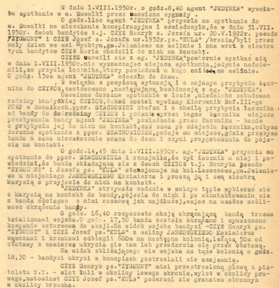 Część meldunku specjalnego z 3 sierpnia 1950 r dokumentującego okoliczności śmierci braci Czyżów, zbiory Archiwum IPN