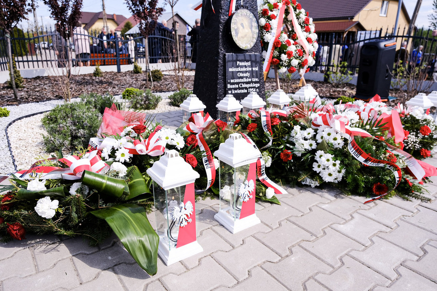 Uroczystość odsłonięcia tablicy upamiętniającej bunt przeciwko kolektywizacji rolnictwa w Olendach w 1954 roku - Olendy, 28 kwietnia 2024, fot. Paula Prudziłowicz (IPN)